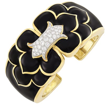 Lot 330 - Gold, Platinum, Black Enamel and Diamond Cuff Bangle Bracelet, David Webb