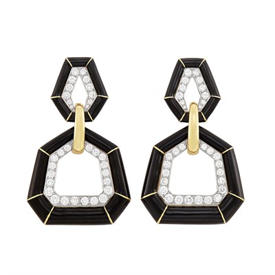 Lot 329 - Pair of Gold, Platinum, Black Enamel and Diamond Pendant-Earrings, David Webb