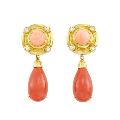 Lot 16 - Pair of Hammered Gold, Coral and Diamond Pendant-Earrings