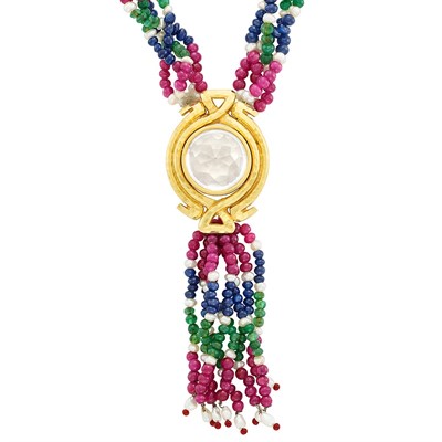 Lot 201 - Five Strand Ruby, Sapphire and Emerald Bead, Freshwater Pearl, Hammered Gold and Rock Crystal Tassel Necklace, David Webb