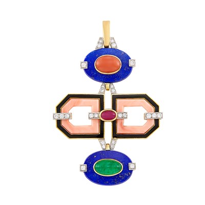Lot 319 - Gold, Platinum, Lapis, Coral, Cabochon Gem-Set, Diamond and Enamel Pendant-Brooch, David Webb