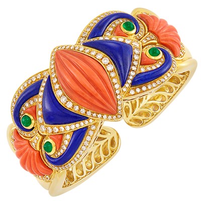 Lot 318 - Gold, Carved Coral, Lapis, Cabochon Emerald and Diamond Cuff Bangle Bracelet, Adler