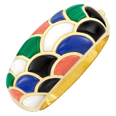 Lot 3 - Gold, Hardstone and Mother-of-Pearl Cuff Bangle Bracelet, Asch Grossbardt