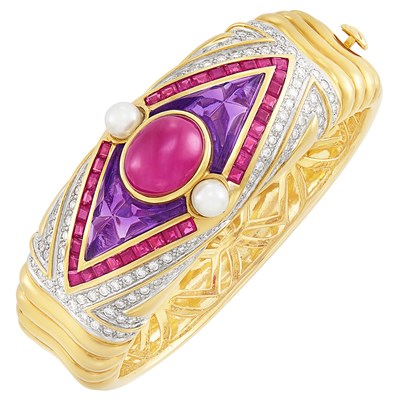 Lot 111 - Gold, Cabochon Ruby, Ruby, Amethyst, Cultured Pearl and Diamond Cuff Bangle Bracelet