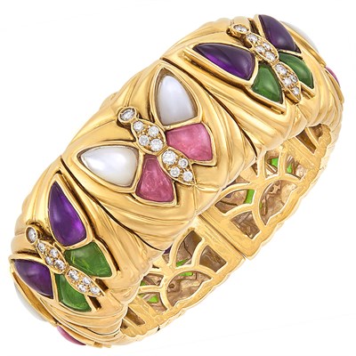 Lot 110 - Gold, Cabochon Colored Stone, Mother-of-Pearl and Diamond Butterfly Cuff Bangle Bracelet