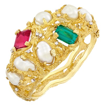 Lot 240 - Gold, Baroque Cultured Pearl, Gem-Set and Diamond Cuff Bangle Bracelet