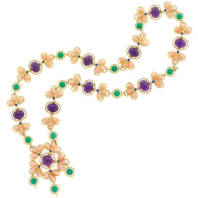 Lot 43 - Gold, Coral, Cabochon Amethyst, Green Chrysoprase and Lapis Pendant Clip-Brooch Necklace/Bracelet Combination