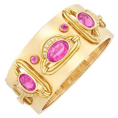 Lot 97 - Gold, Pink Tourmaline and Diamond Cuff Bangle Bracelet