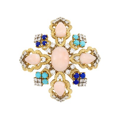 Lot 46 - Gold, Angel Skin Coral, Lapis, Turquoise and Diamond Clip-Brooch