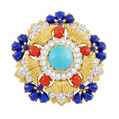 Lot 54 - Gold, Platinum, Turquoise, Coral, Lapis, Diamond and Sapphire Clip-Brooch