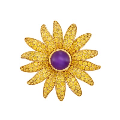 Lot 398 - Gold, Cabochon Amethyst and Yellow Sapphire Flower Brooch, Jean Vitau