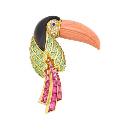 Lot 116 - Gold, Black Onyx, Coral, Gem-Set and Diamond Toucan Clip-Brooch, Jean Vitau