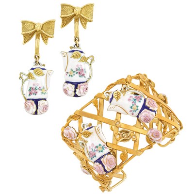 Lot 92 - Gold and Enamel Cuff Bangle Bracelet and Pair of Pendant-Earrings, Peter Lindeman
