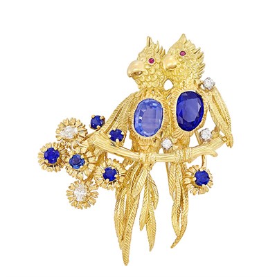 Lot 49 - Gold, Sapphire and Diamond Love Bird Brooch, Peter Lindeman