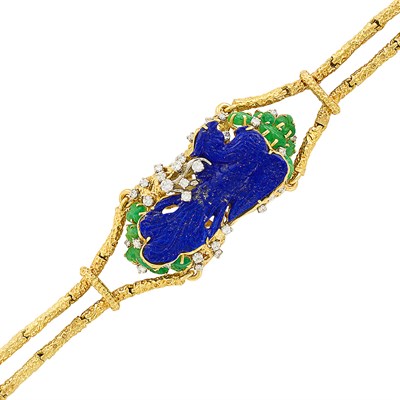 Lot 216 - Double Strand Gold, Carved Lapis and Emerald and Diamond Bracelet, Peter Lindeman