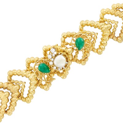 Lot 206 - Gold, Cultured Pearl, Cabochon Emerald and Diamond Bracelet, Peter Lindeman