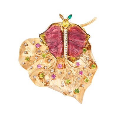 Lot 238 - Gold, Carved Watermelon Tourmaline, Gem-Set and Diamond Leaf Clip-Brooch