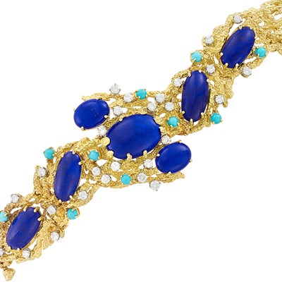 Lot 50 - Gold, Lapis, Turquoise and Diamond Bracelet, Peter Lindeman