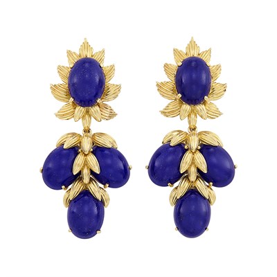 Lot 12 - Pair of Gold and Lapis Pendant-Earrings