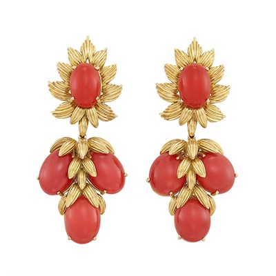 Lot 55 - Pair of Gold and Oxblood Coral Pendant-Earrings