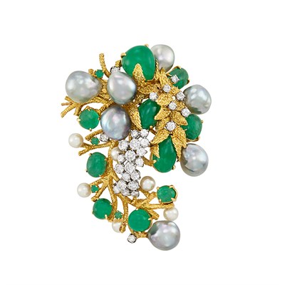 Lot 212 - Gold, Semi-Baroque Gray Cultured Pearl, Cultured Pearl, Cabochon Emerald and Diamond Pendant Clip-Brooch, Peter Lindeman