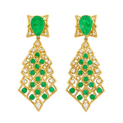 Lot 204 - Pair of Gold, Emerald and Diamond Pendant-Earrings