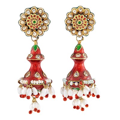 Lot 39 - Wide Indian Gold, Enamel and Foil-Backed White Sapphire and Simulated Stone Bracelet and Pair of Fringe Earrings