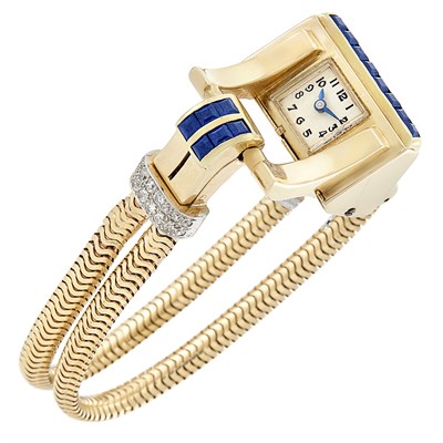 Lot 378 - Retro Gold, Platinum, Sapphire and Diamond Wristwatch