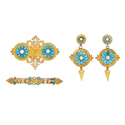 Lot 20 - Pair of Antique Gold, Turquoise and Pearl Earrings and Two Pins