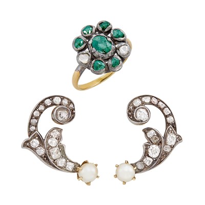 Lot 23 - Group of Antique Silver, Gold, Platinum and Diamond Ring, Segment and Pair of Earclips