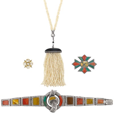 Lot 34 - Antique Silver, Gold, Seed Pearl, Onyx, Diamond and Marcasite Tassel Necklace, Pin and Scottish Agate Bracelet and Pin