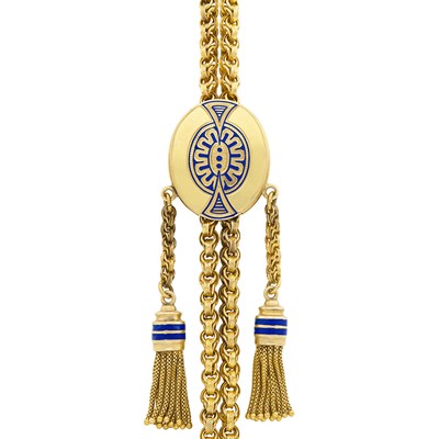 Lot 35 - Long Antique Gold and Enamel Tassel Slide Chain