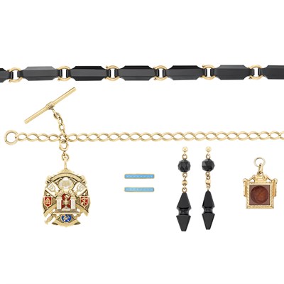 Lot 32 - Antique Gold, Gold-Filled, Onyx, Enamel and Carnelian Watch Chain, Necklace, Earrings, Intaglio Fob and Lingerie Pins