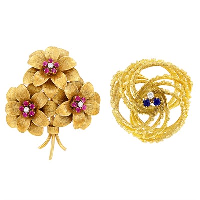 Lot 9 - Gold, Ruby and Diamond Flower Brooch, Tiffany & Co., and Gold, Sapphire and Diamond Brooch