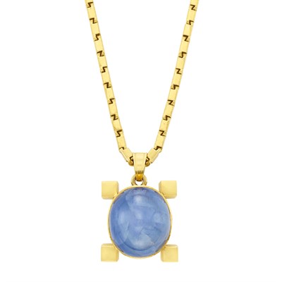 Lot 233 - High Karat Gold and Star Sapphire Pendant with Long Chain Necklace