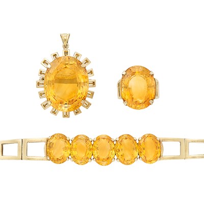 Lot 250 - Gold and Citrine Pendant-Brooch, Bracelet and Ring