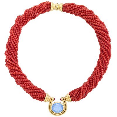 Lot 10 - Multistrand Coral Bead, Gold, Sapphire and Cabochon Ruby Torsade Necklace, Bulgari