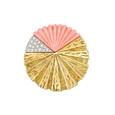 Lot 18 - Gold, Platinum, Carved Coral and Diamond Clip-Brooch, Van Cleef & Arpels, France