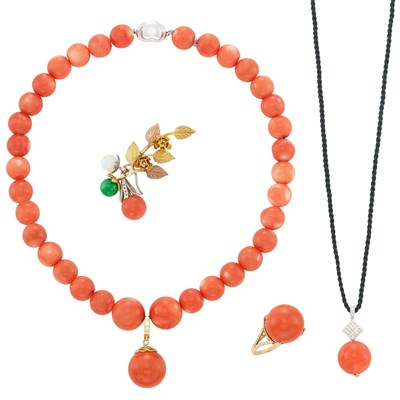 Lot 441 - Suite of Tricolor Gold, Coral Bead, Diamond & Jade Jewelry