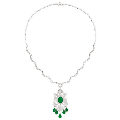 Lot 113 - White Gold, Emerald and Diamond Pendant-Necklace