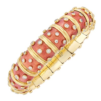 Lot 84 - Gold, Orangy-Pink Paillonné Enamel and Diamond Bangle Bracelet, Tiffany & Co., Schlumberger, France