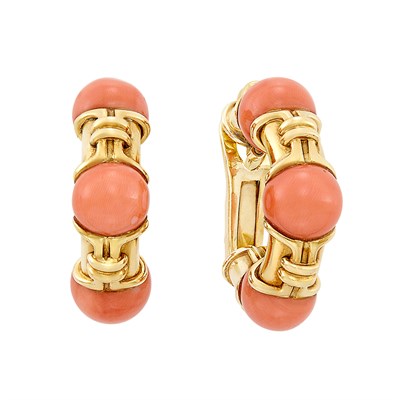 Lot 334 - Pair of Gold and Coral Hoop Earrings, Bulgari
