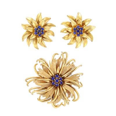 Lot 348 - Pair of Gold and Sapphire Flower Earclips and Brooch, Tiffany & Co.