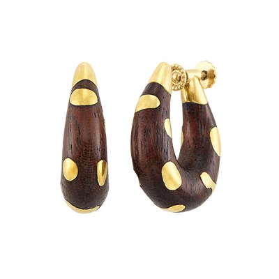 Lot 1 - Pair of Wood and Gold Hoop Earclips, Tiffany & Co.