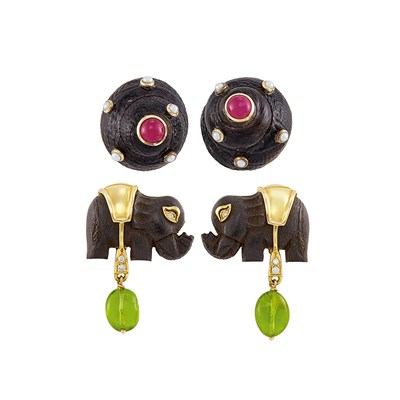 Lot 5 - Pair of Black Shell, Cabochon Ruby and Split Pearl Earclips, Maz, and Wood, Peridot and Diamond Elephant Earclips