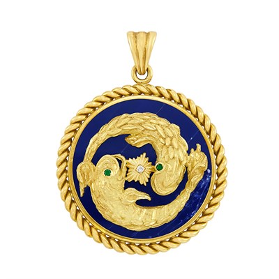 Lot 288 - Gold, Sodalite, Emerald and Diamond Pisces Pendant, Van Cleef & Arpels