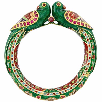Lot 13 - Indian Gold, Enamel and Foil-Backed Ruby and Diamond Love Bird Bangle Bracelet