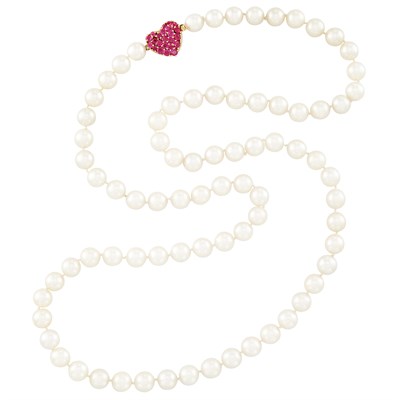 Lot 8 - Long Cultured Pearl Necklace with Gold and Ruby Heart Clasp