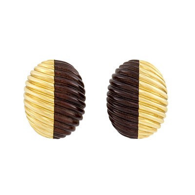 Lot 287 - Pair of Fluted Gold and Wood Earclips, Van Cleef & Arpels, France