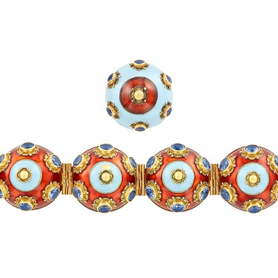 Lot 15 - Gold, Turquoise and Red Enamel and Blue Topaz Bracelet and Single Earclip